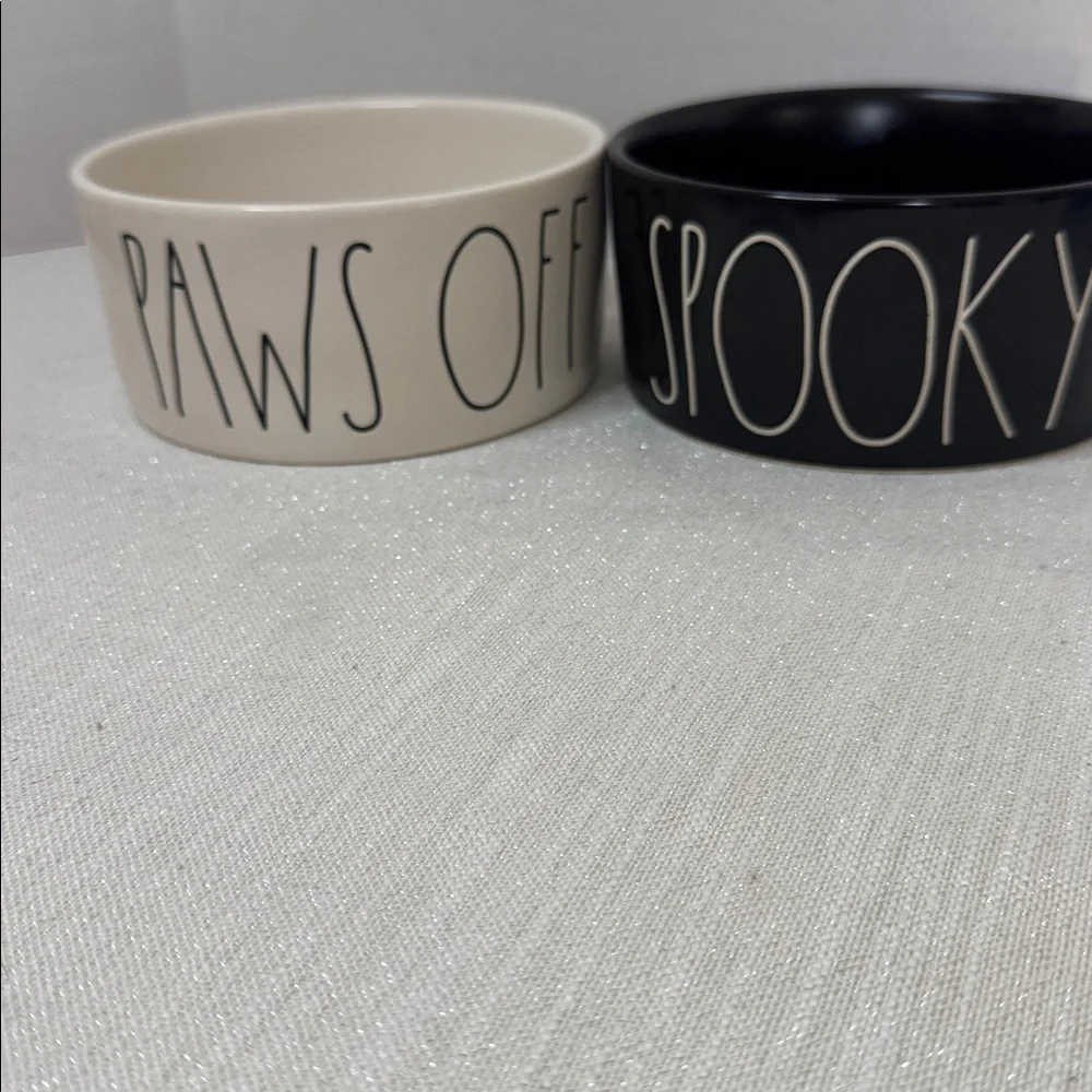 Rae Dunn 2 pet bowls set “paws off” & “spooky” white and black 6x6x1.5” NWOT